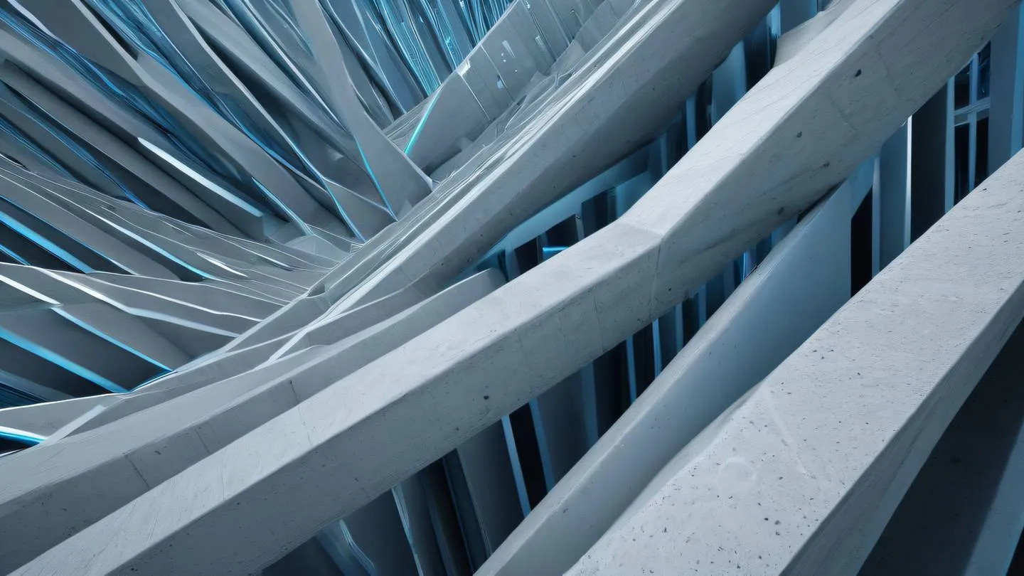 An elegant abstract composition of interconnected crystalline structures rising upward suggesting growth and organization. Colors: Concrete gray bright azure blue and pearl white accents. Camera angle: Diagonal view showing depth and dimensionality. high-quality ultra-realistic cinematic 8K UHD high resolution sharp and detail