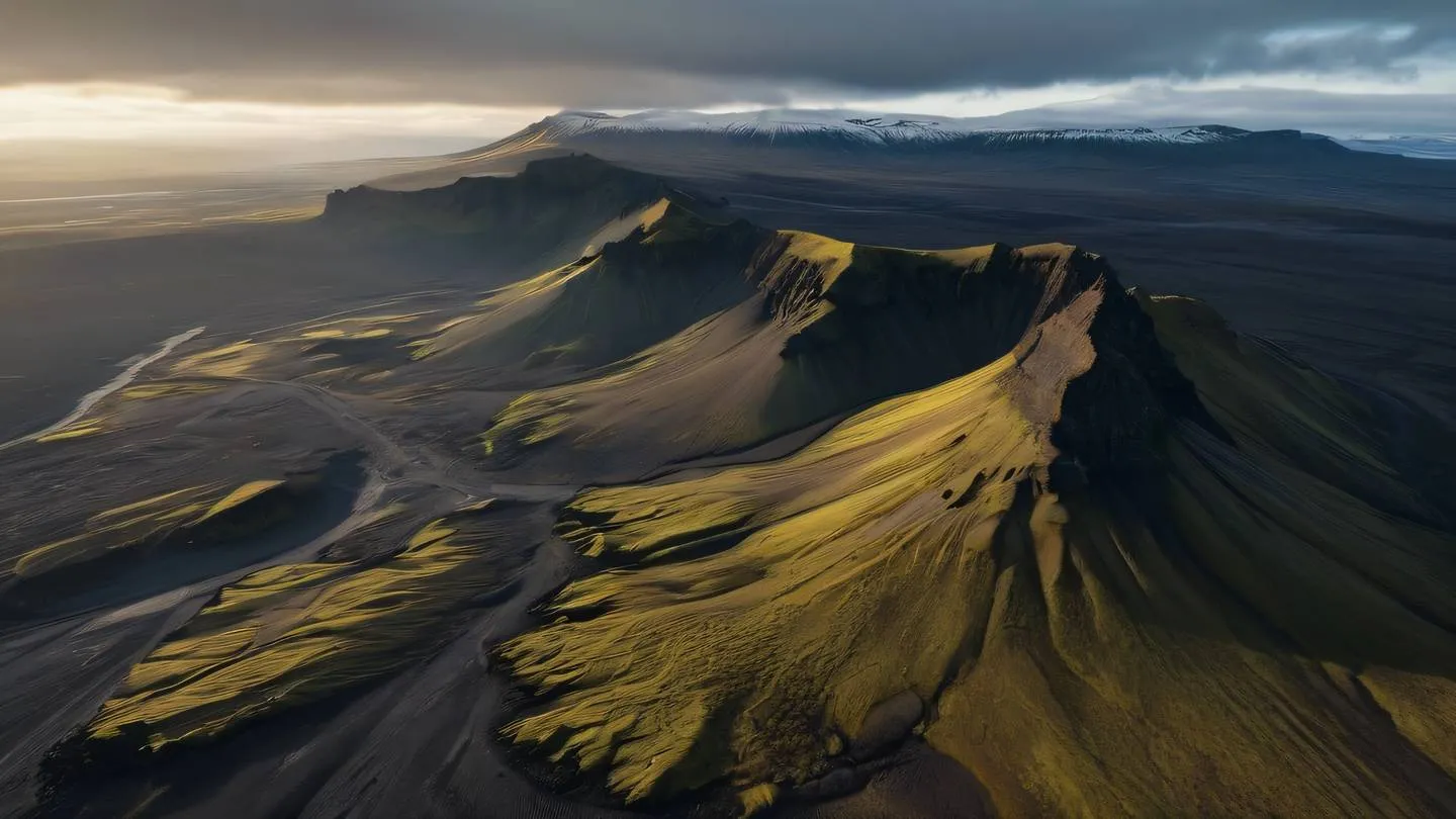 Aerial drone shot of pristine Iceland mountain range with sunlight piercing through clouds capturing dramatic shadows and textures bright golden sunlight contrasting with deep black volcanic rocks ultra-realistic cinematic 8K UHD high resolution sharp and detailed