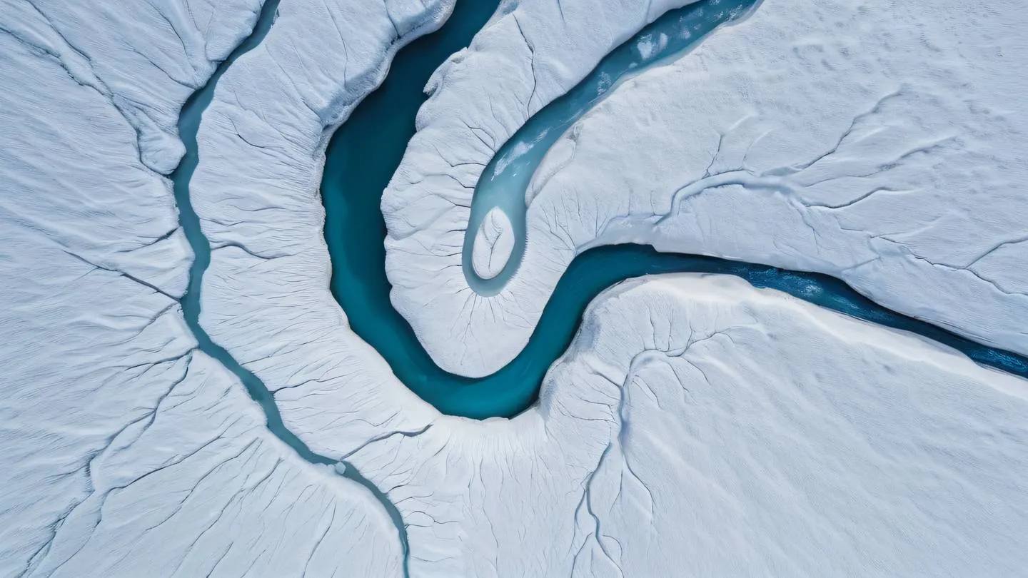 Top-down view of a winding river through snow-covered terrain pristine white snow contrasting with deep azure blue water scattered ice fragments creating geometric patterns shot from high altitude high-quality ultra-realistic cinematic 8K UHD sharp and detailed