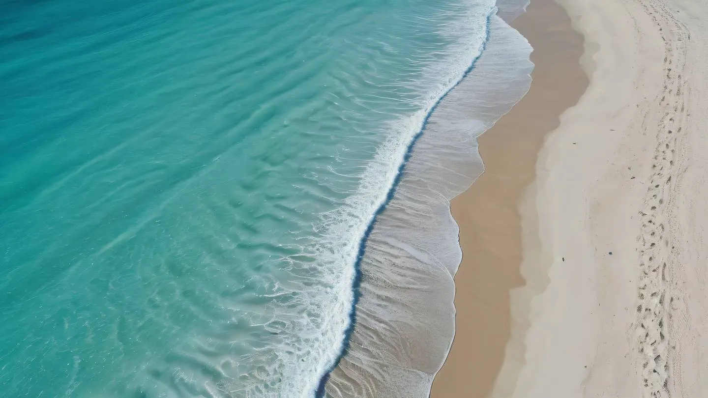 Bird's eye view of abstract beach patterns where turquoise waters meet white sandy shores natural light creating iridescent reflections on wet sand geometric shapes formed by tidal movements high-quality ultra-realistic cinematic 8K UHD sharp and detailed