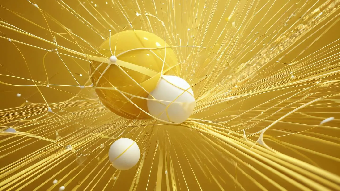 A modern abstract representation of global connectivity featuring floating geometric spheres and interconnected lines in canary yellow and cream colors with dynamic light rays piercing through high-quality ultra-realistic cinematic 8K UHD high resolution sharp and detail aerial view