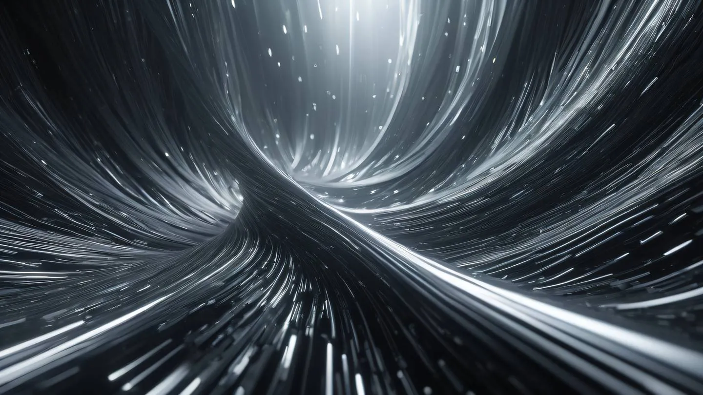 Abstract flowing river of code transforming into crystalline structures metallic silver and off-black gradient with light beams creating depth high-quality ultra-realistic cinematic 8K UHD high resolution sharp and detail low angle shot