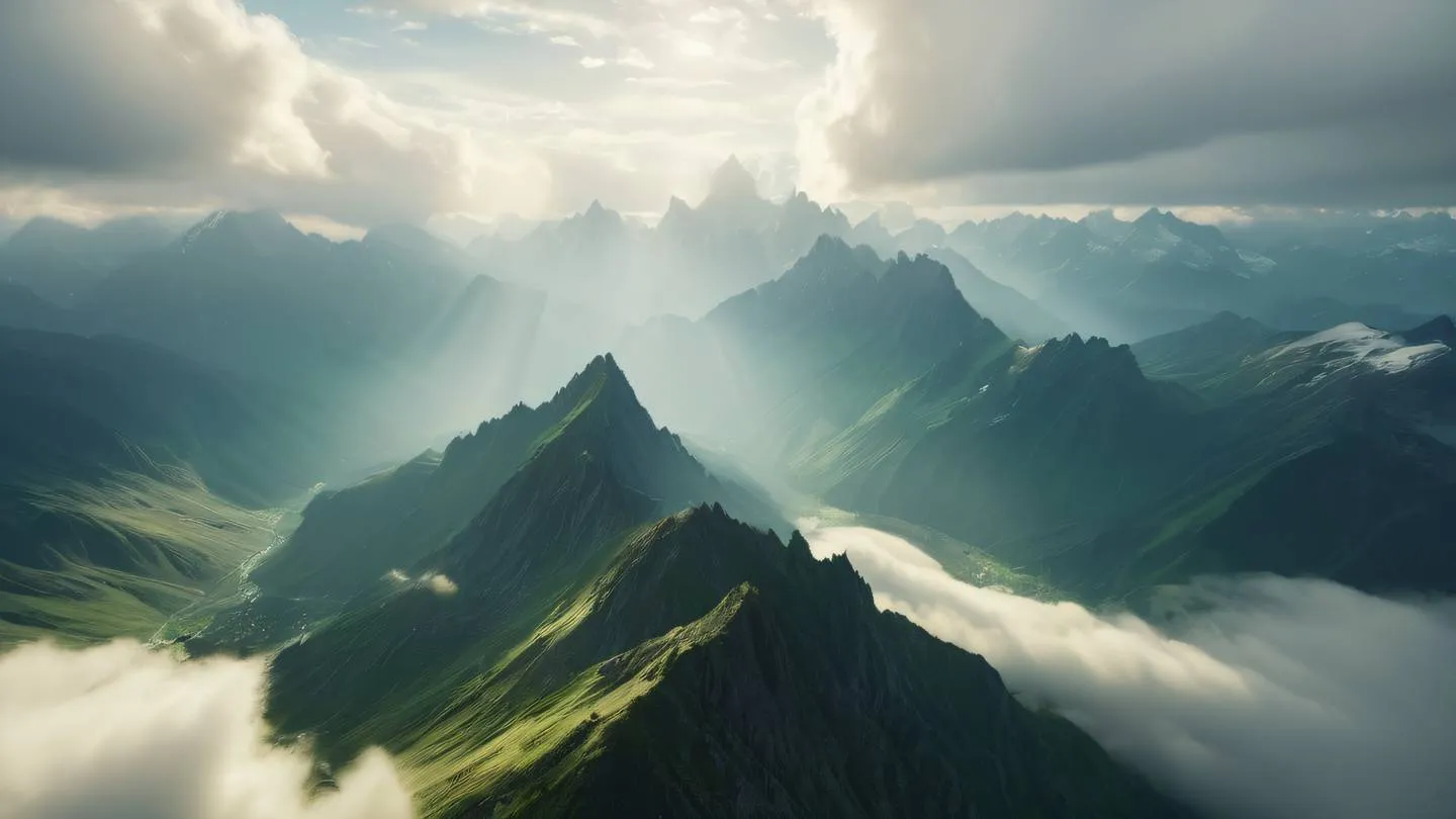 Ethereal mountain peaks piercing through clouds with rays of sunlight in bright green and gold tones high-quality ultra-realistic cinematic 8K UHD high resolution sharp and detail bird's eye view