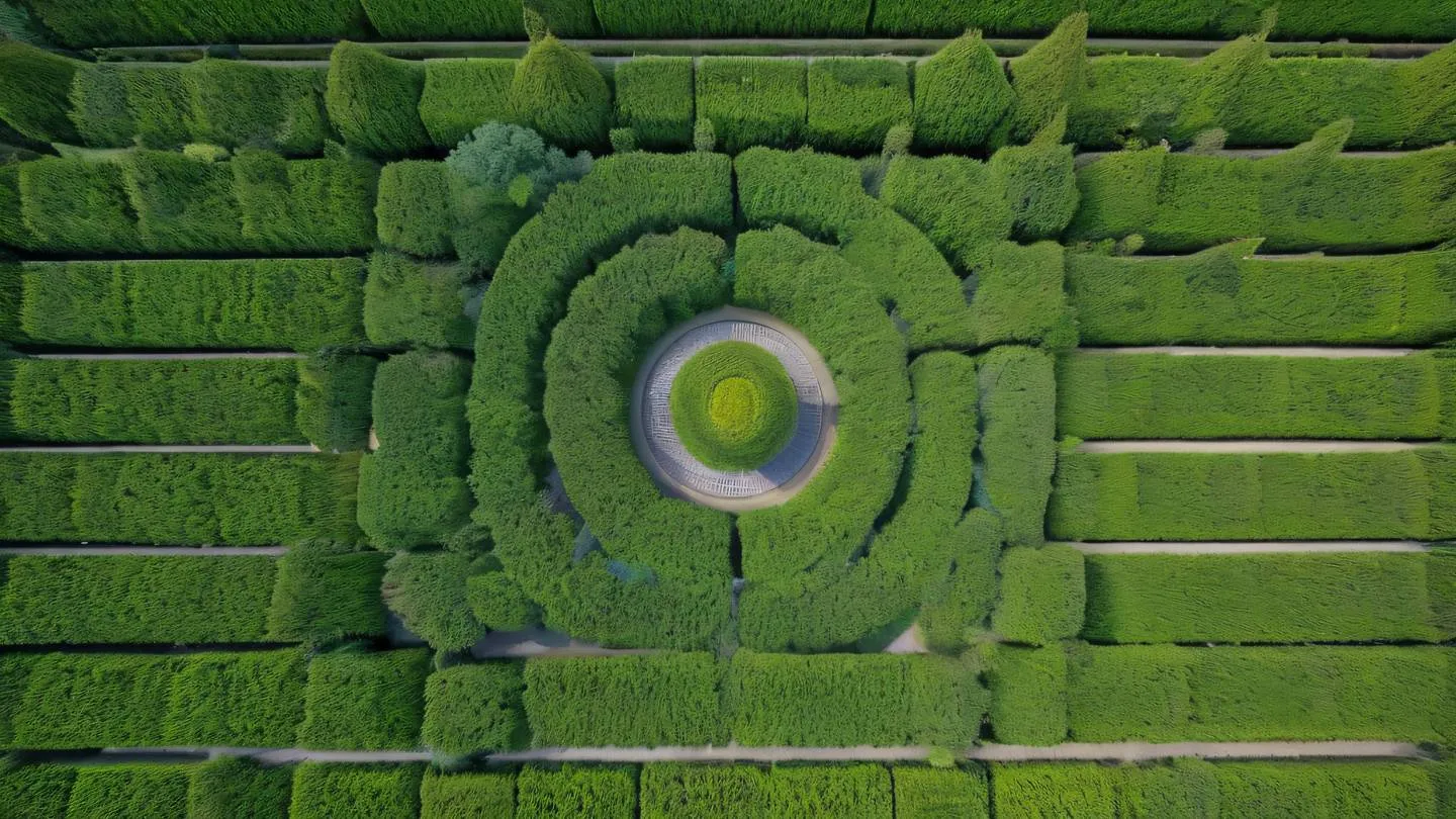 Aerial top-down view of a geometric garden maze pattern with perfect symmetry featuring sage green hedges and cobalt blue pathways photographed from directly above high-quality ultra-realistic cinematic 8K UHD high resolution sharp and detail