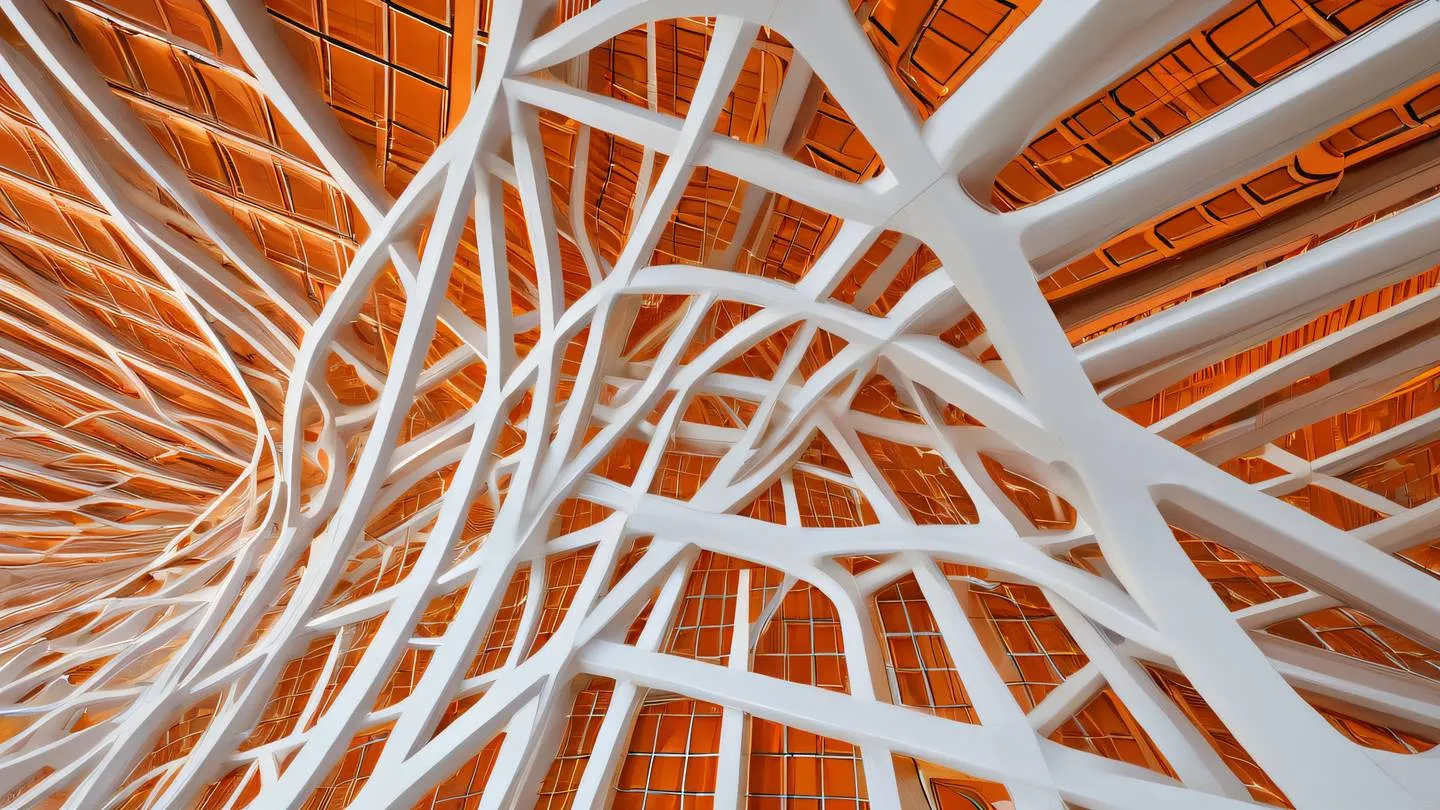 A modern abstract architectural structure with flowing curved lines and intersecting planes featuring bold orange and off-white geometric patterns shot from a dramatic upward angle perspective high-quality ultra-realistic cinematic 8K UHD high resolution sharp and detail