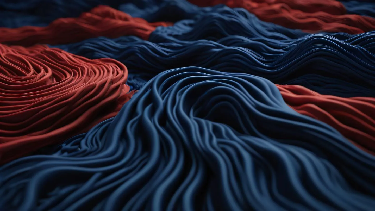 A series of interconnected clay sculptures in navy blue and blood red colors representing flowing data patterns and connectivity photographed from a side angle with strong directional lighting high-quality ultra-realistic cinematic 8K UHD high resolution sharp and detail