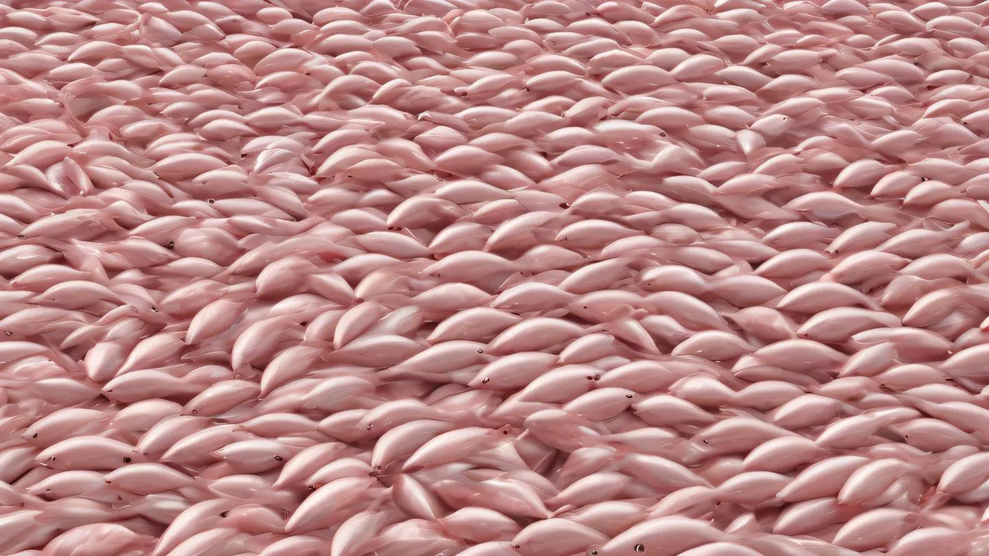 Abstract fish swimming in a dynamic pattern rendered in rose and off-white colors creating a flowing harmonious composition captured from a straight-on perspective with slight elevation high-quality ultra-realistic cinematic 8K UHD high resolution sharp and detail