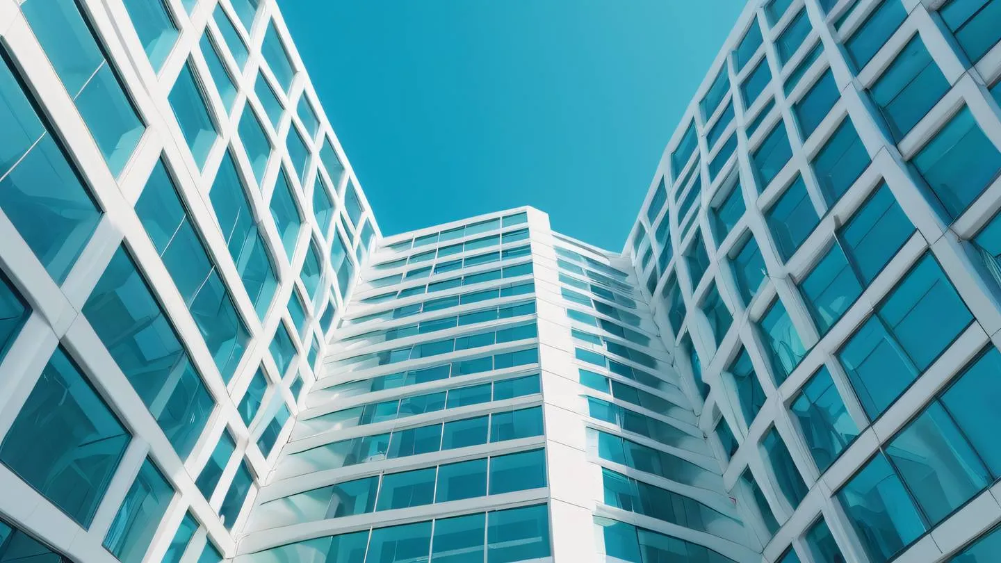 A modern abstract architectural structure with clean geometric lines and shapes featuring bright turquoise blue and white color palette seamlessly blending with a clear sky background shot from a low upward angle perspective high-quality ultra-realistic cinematic 8K UHD high resolution sharp and detail