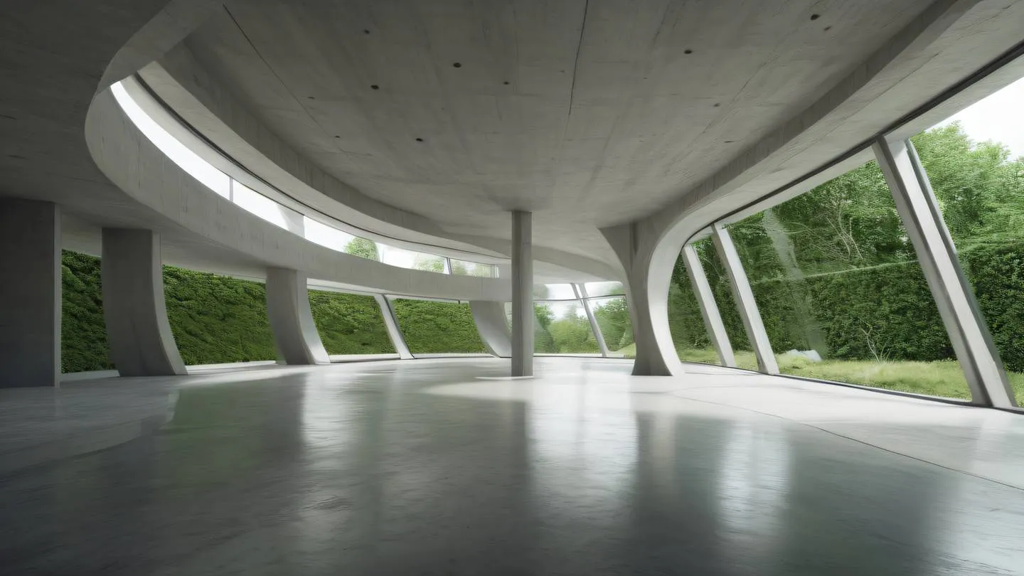 Minimalist concrete architectural interior with flowing curves and layers featuring fresh moss green and stone gray colors natural light streaming through geometric windows captured from a wide-angle perspective high-quality ultra-realistic cinematic 8K UHD high resolution sharp and detail