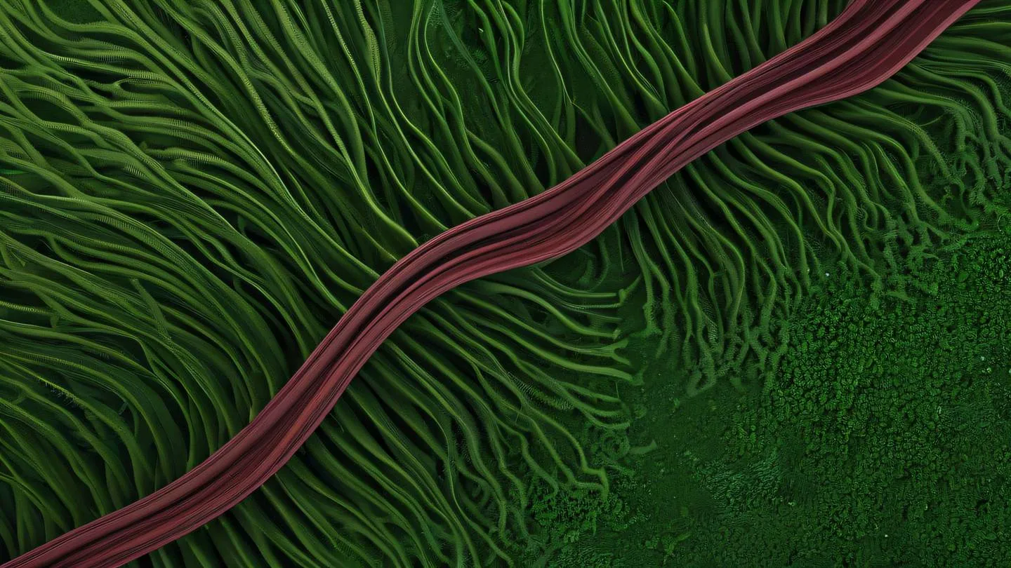 An abstract flowing composition with interconnected geometric shapes and lines dominated by bright seaweed green and maroon colors flowing from left to right shot from a straight-on perspective high-quality ultra-realistic cinematic 8K UHD high resolution sharp and detail