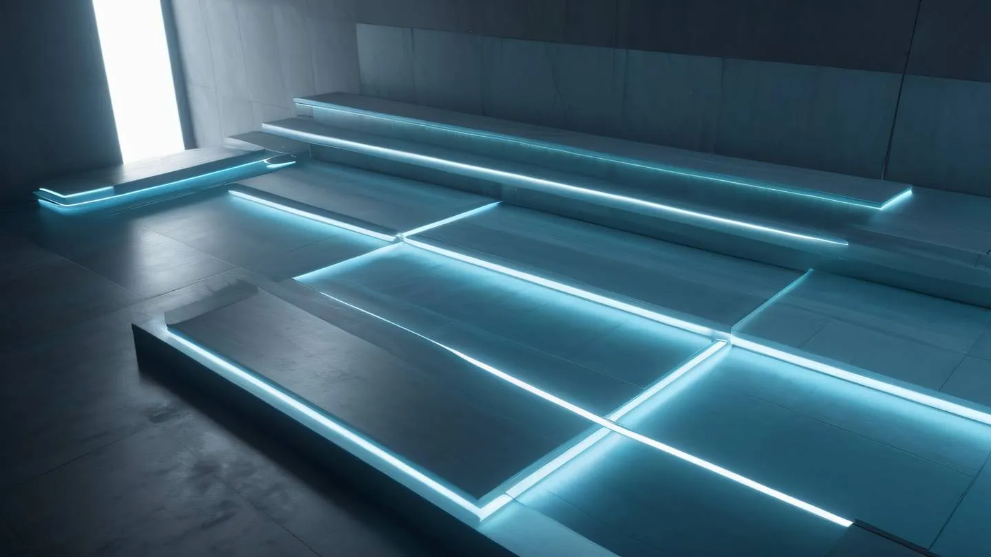 A series of elegant floating platforms at different levels connected by subtle light beams featuring cool cyan and stone blue colors with white accents captured from a diagonal upward angle high-quality ultra-realistic cinematic 8K UHD high resolution sharp and detail