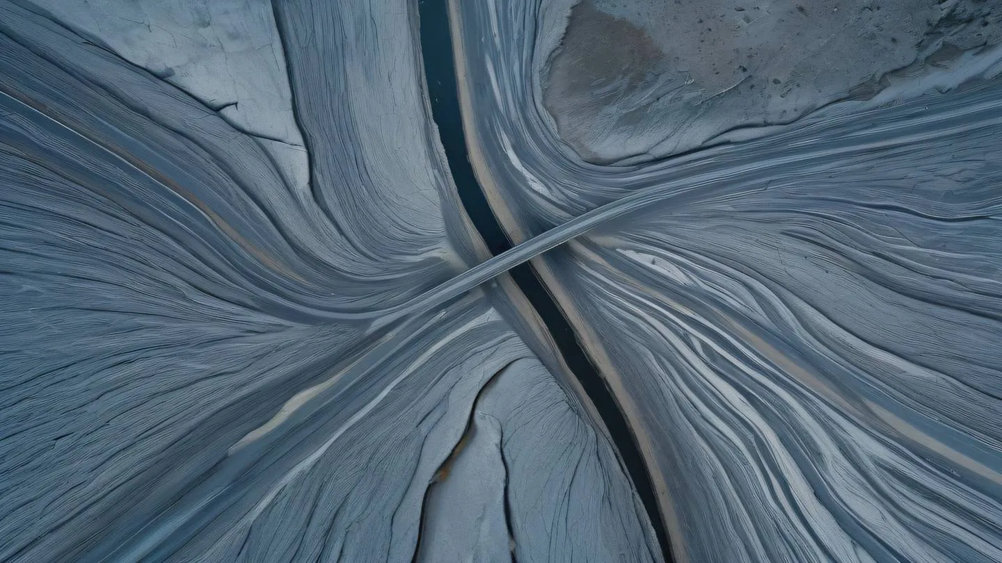 Aerial view of connecting streams in dusty blue and concrete colors flowing through abstract landscape captured from drone perspective high-quality ultra-realistic cinematic 8K UHD high resolution sharp and detail