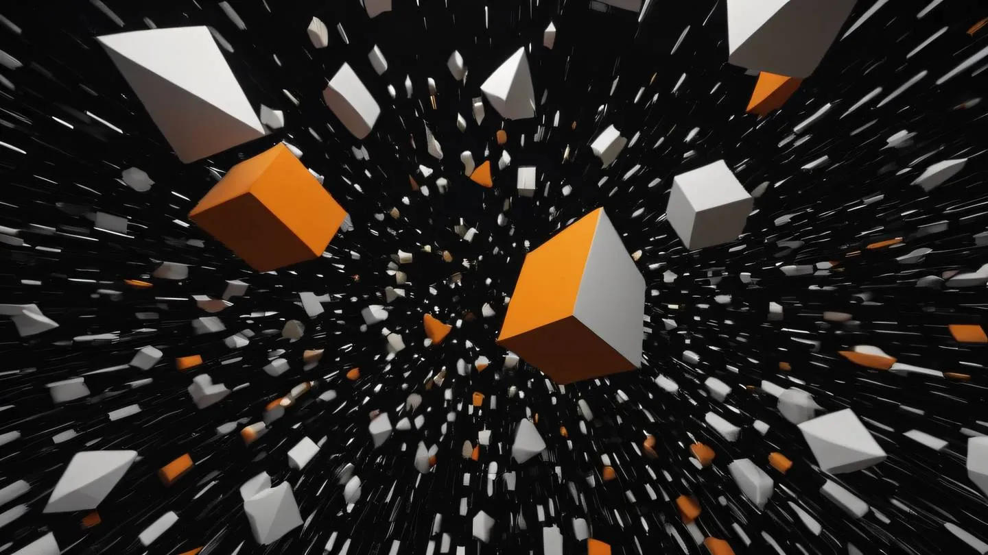 Wide angle shot of white and orange geometric shapes floating in black space creating dynamic patterns photographed from low angle perspective high-quality ultra-realistic cinematic 8K UHD high resolution sharp and detail