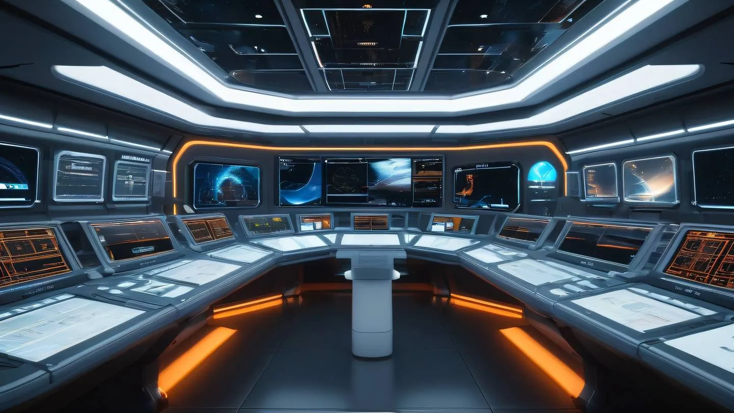 A futuristic modern space station control room viewed from a low angle perspective featuring sleek curved architecture with floating holographic displays color palette dominated by bright orange and pristine white accents ultra-realistic cinematic 8K UHD high resolution sharp and detailed