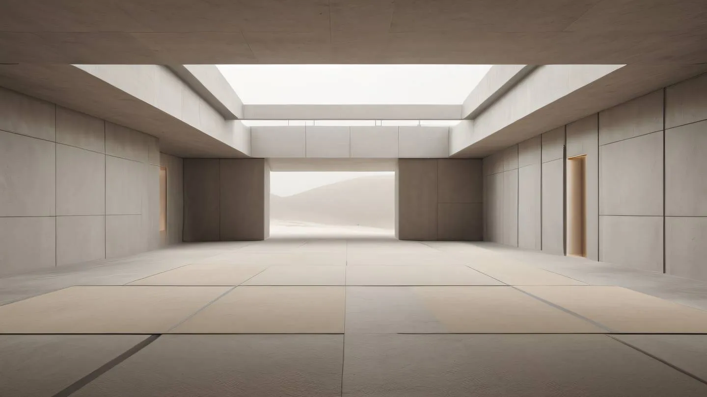 Minimalist modern architectural interior with floating geometric shapes photographed from an eye-level front view featuring natural sand colors and soft October mist grey tones high-quality ultra-realistic cinematic 8K UHD high resolution sharp and detailed