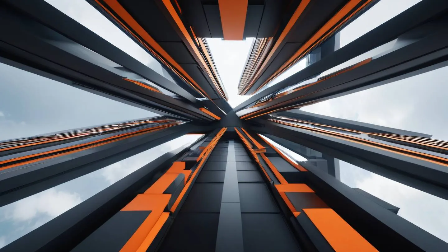 Abstract modern architectural composition with intersecting geometric planes and floating elements shot from a dramatic upward angle featuring clean black and bright orange color scheme high-quality ultra-realistic cinematic 8K UHD high resolution sharp and detailed