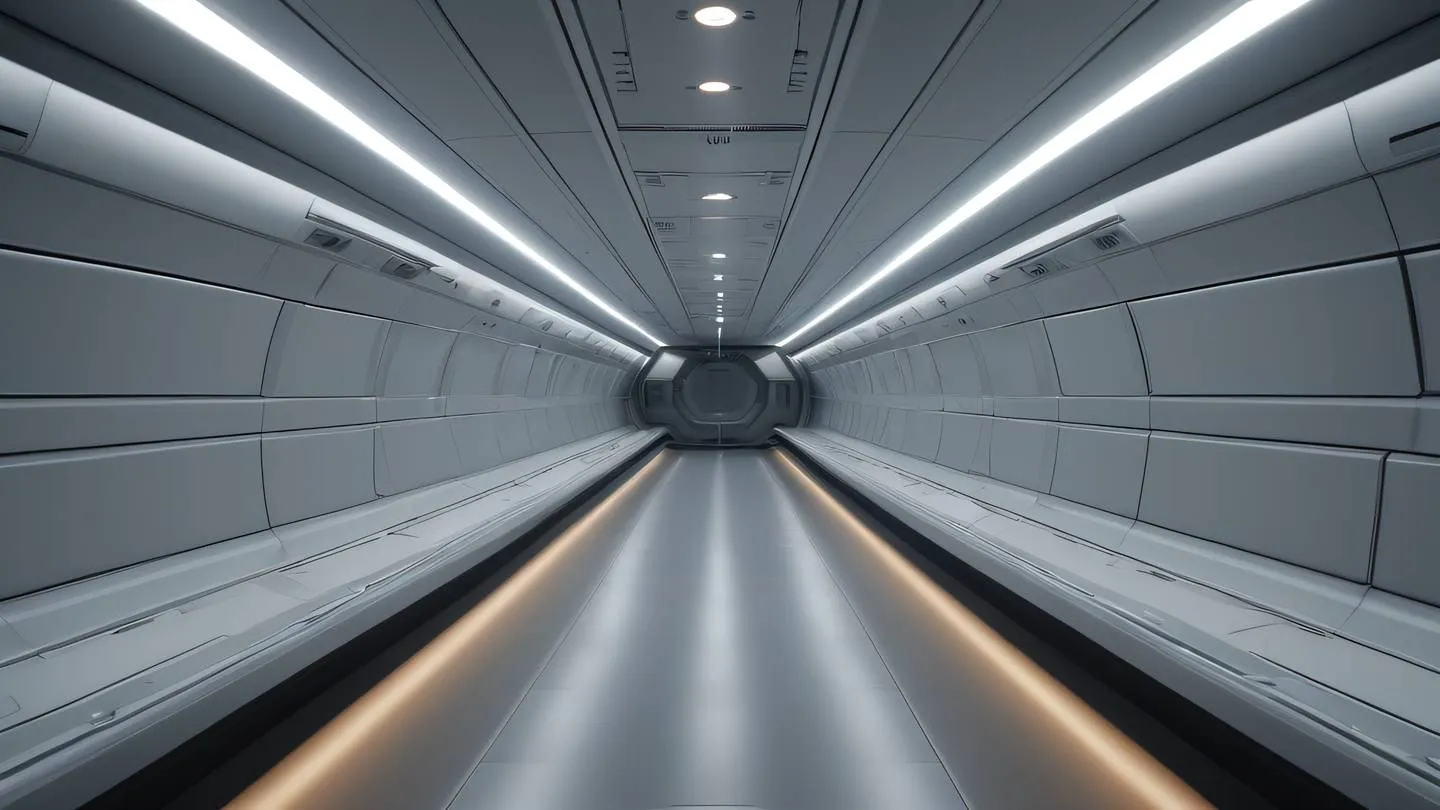 Sleek and modern spacecraft interior corridor with clean lines and ambient lighting captured from a low angle perspective featuring metallic surfaces in October mist grey and natural sand tones high-quality ultra-realistic cinematic 8K UHD high resolution sharp and detailed