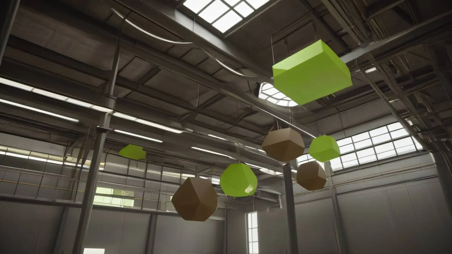 An industrial minimalist space with floating geometric shapes rendered in contemporary brown and lime green tones. Captured from a low angle perspective looking up high-quality ultra-realistic cinematic 8K UHD high resolution sharp and detail