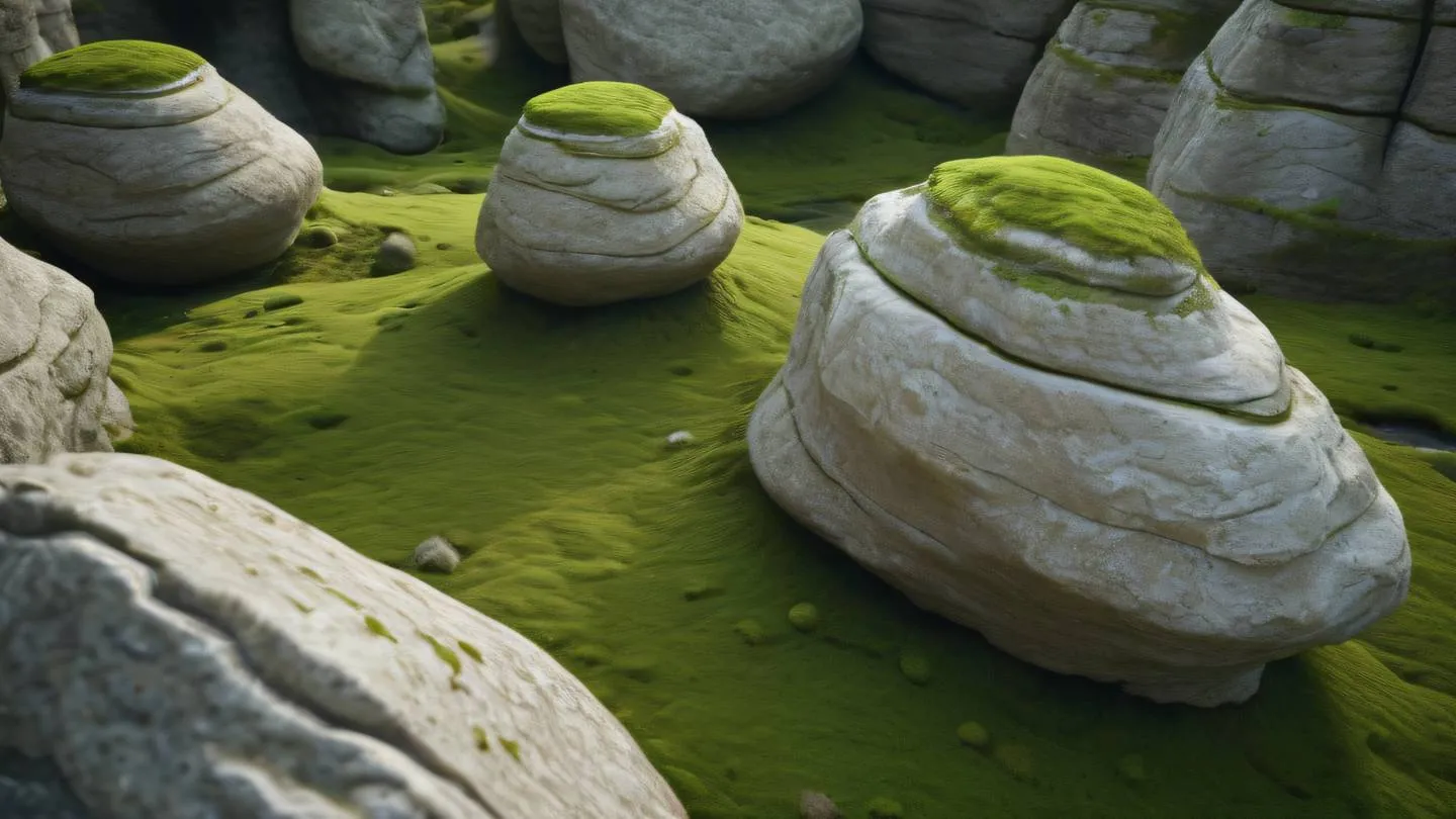 A series of smooth curved rock formations in natural limestone with warm earth tones and bright neon green moss highlights. Shot from a diagonal side angle high-quality ultra-realistic cinematic 8K UHD high resolution sharp and detail