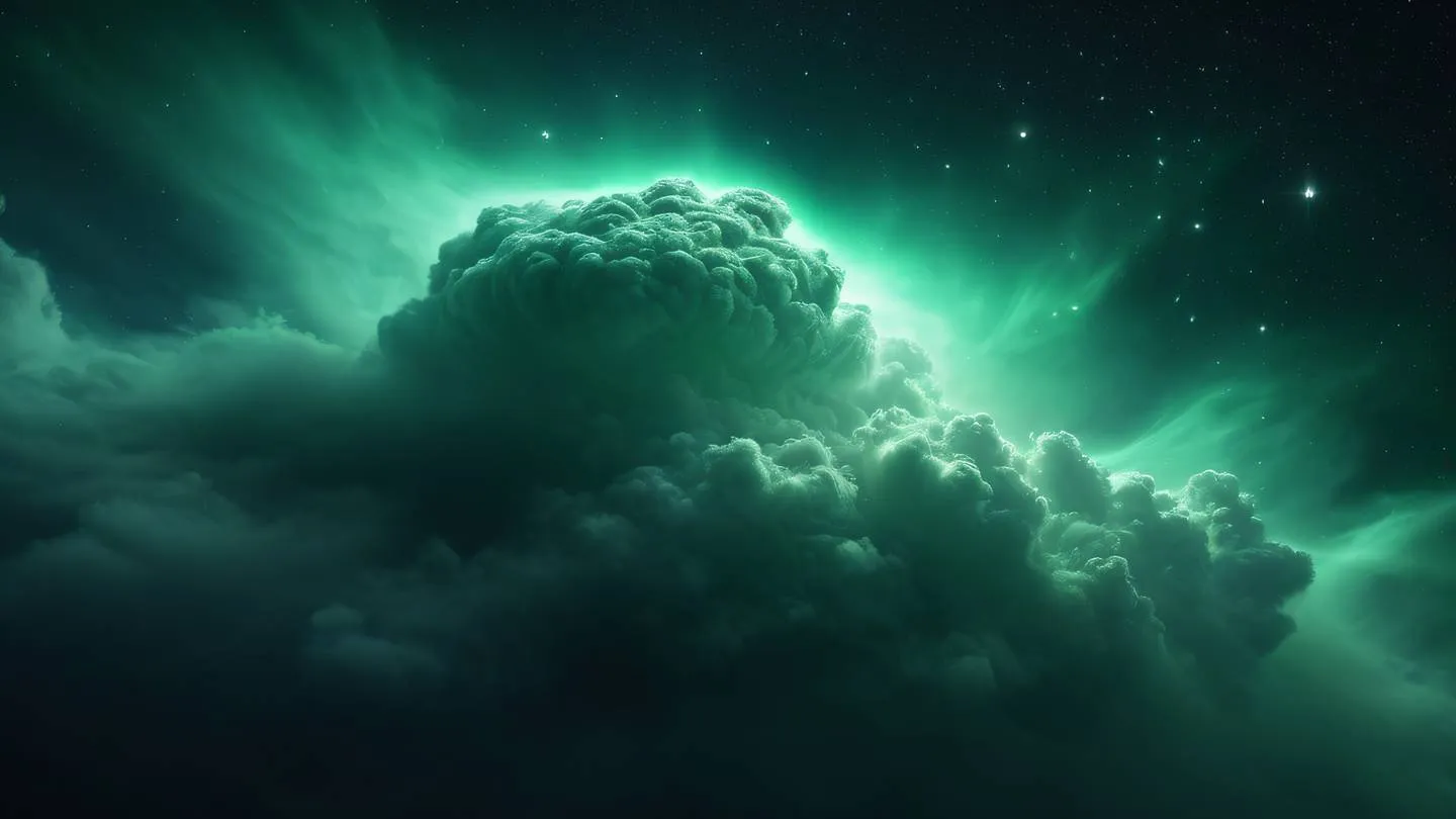 A nebulous cloud formation in space with swirling patterns of dark green and emerald gases illuminated by distant stars. Captured from a wide-angle perspective high-quality ultra-realistic cinematic 8K UHD high resolution sharp and detail