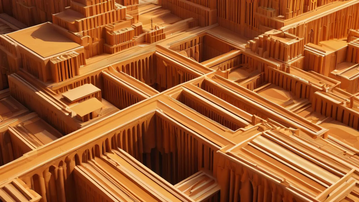 Abstract architectural layers flowing in gradients of warm orange and golden ochre colors representing structured organization viewed from an isometric angle crystal formations high-quality ultra-realistic cinematic 8K UHD high resolution sharp and detail