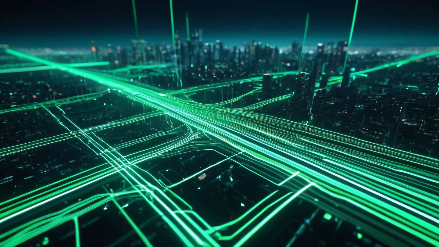 Flowing lines and nodes interconnected in bright neon green and cyan representing code connectivity captured from a diagonal perspective with city view backdrop high-quality ultra-realistic cinematic 8K UHD high resolution sharp and detail