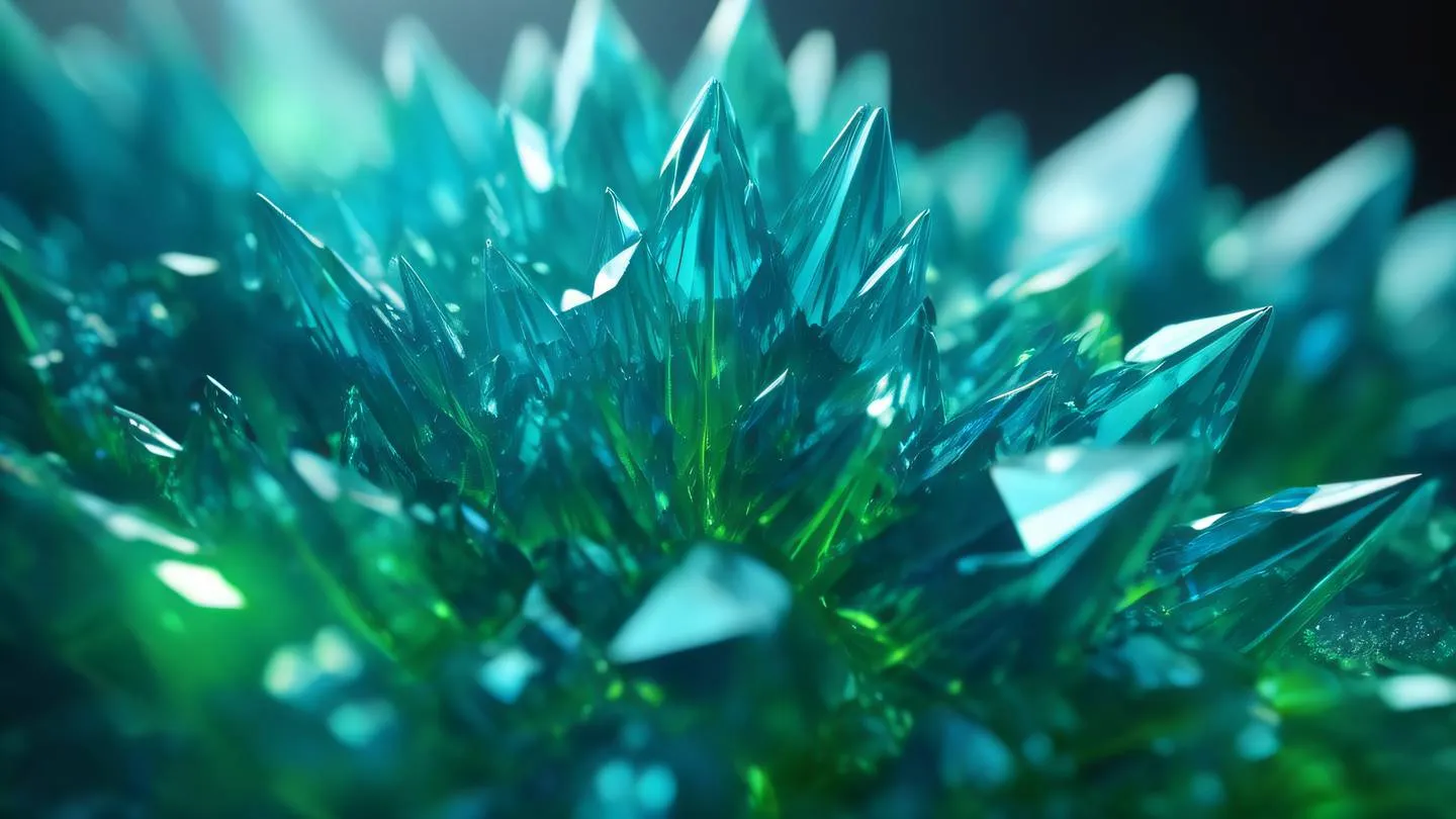 A crystalline formation emerging from a smooth surface with intricate geometric patterns and layers featuring bright neon blue and electric green colors sharp facets catching light dramatically photographed from a low angle with shallow depth of field high-quality ultra-realistic cinematic 8K UHD high resolution sharp and detail