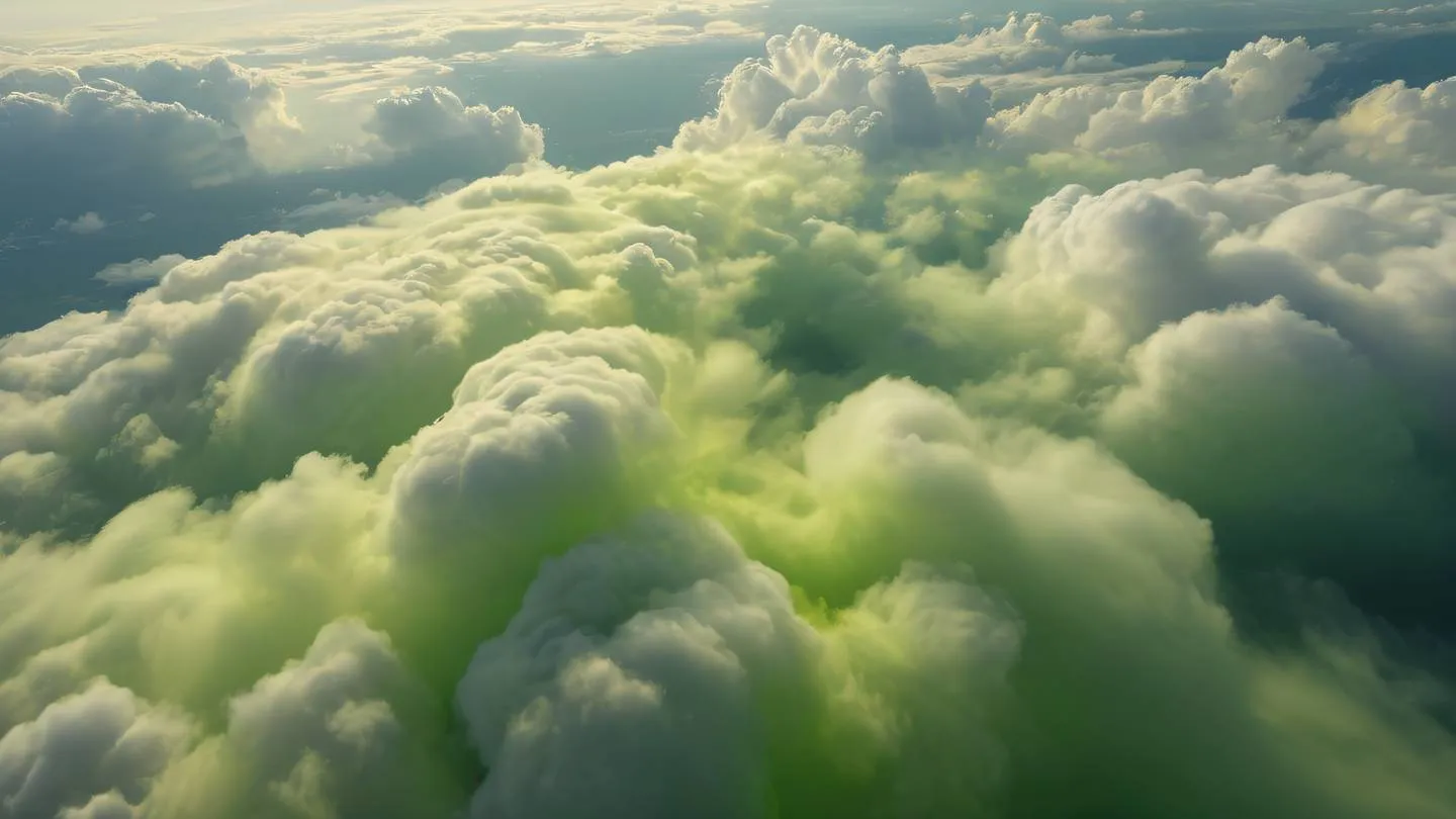 Abstract cloud formations in the sky with swirling patterns dominant lime green and golden yellow colors intertwining naturally captured from a bird's eye view perspective high-quality ultra-realistic cinematic 8K UHD high resolution sharp and detail