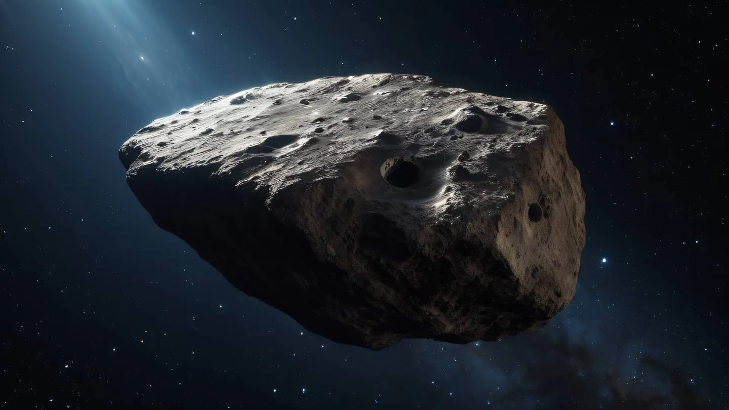 Bright rocky asteroid floating in space with rich brown and cream colored mineral veins running through its surface illuminated by distant starlight photographed from a three-quarter view angle high-quality ultra-realistic cinematic 8K UHD high resolution sharp and detail