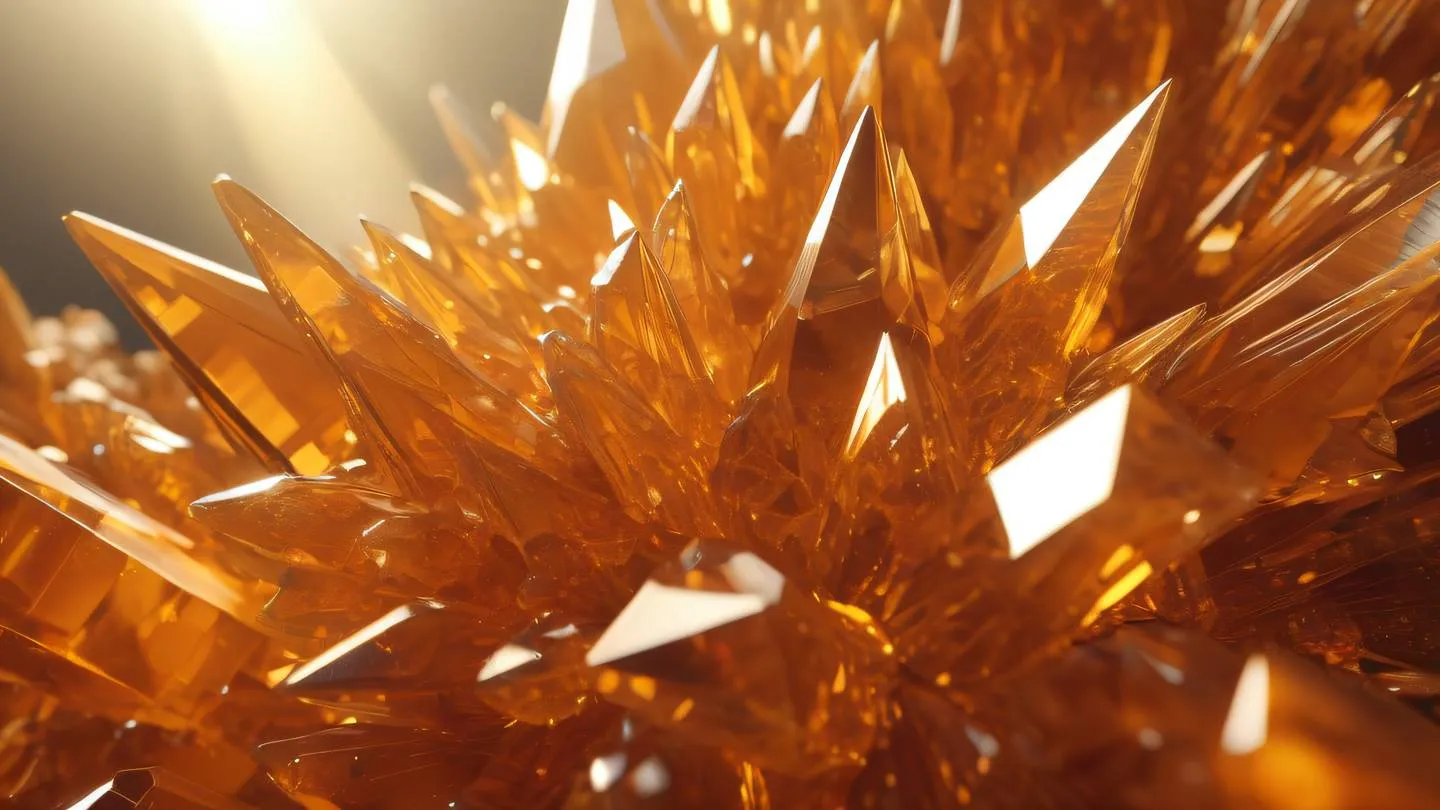 Geometric crystal formations growing in multiple directions with bright electric orange and warm amber colors flowing through transparent structures captured from a diagonal upward angle high-quality ultra-realistic cinematic 8K UHD high resolution sharp and detail