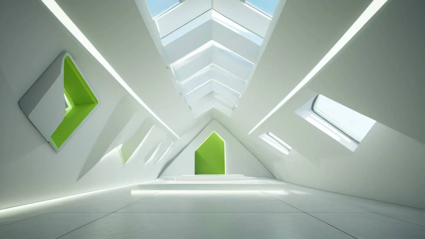 Modern minimalist architectural space with floating geometric shapes featuring expansive windows allowing natural light to stream through in diagonal rays color palette dominated by off-white and neon green accents captured from a low angle perspective with wide-angle lens high-quality ultra-realistic cinematic 8K UHD high resolution sharp and detail