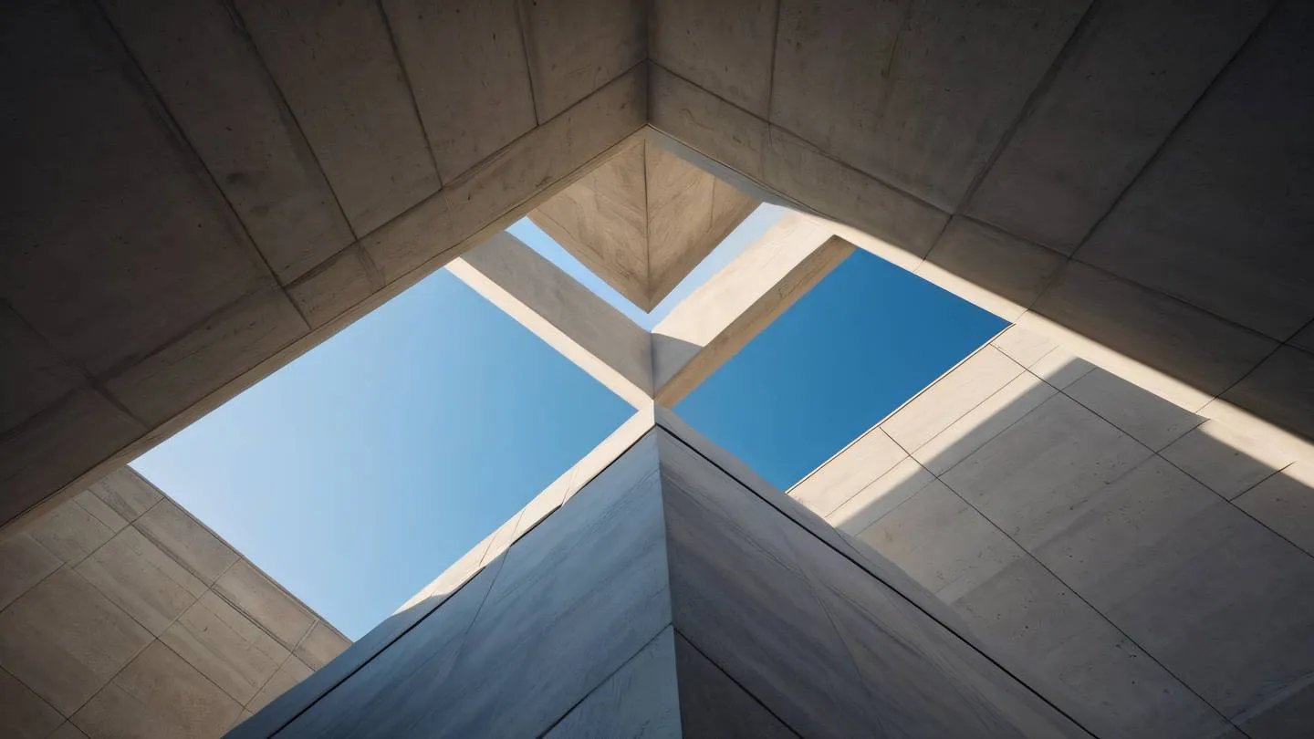 Abstract architectural composition with intersecting concrete planes and sharp angles featuring natural stone textures and warm lighting color palette focused on neutral tones with navy blue geometric accents shot from a dramatic upward angle high-quality ultra-realistic cinematic 8K UHD high resolution sharp and detail