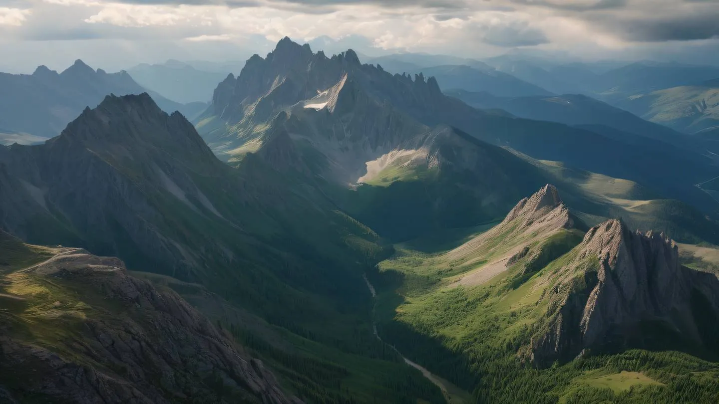 Rocky mountain landscape with dramatic cloud formations featuring sharp peaks and valleys color palette showcasing bright natural greens and rose-colored sunlight captured from an aerial perspective high-quality ultra-realistic cinematic 8K UHD high resolution sharp and detail