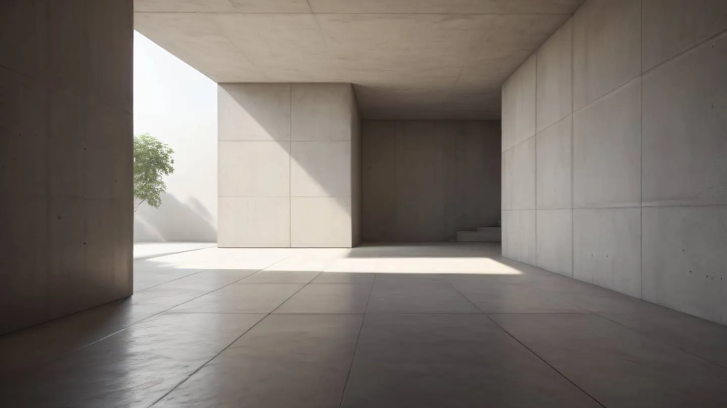 Elegant concrete interior space with dramatic light and shadow play featuring clean lines and geometric patterns color palette combining rose and off-white tones with subtle natural textures photographed from a corner perspective showing depth high-quality ultra-realistic cinematic 8K UHD high resolution sharp and detail