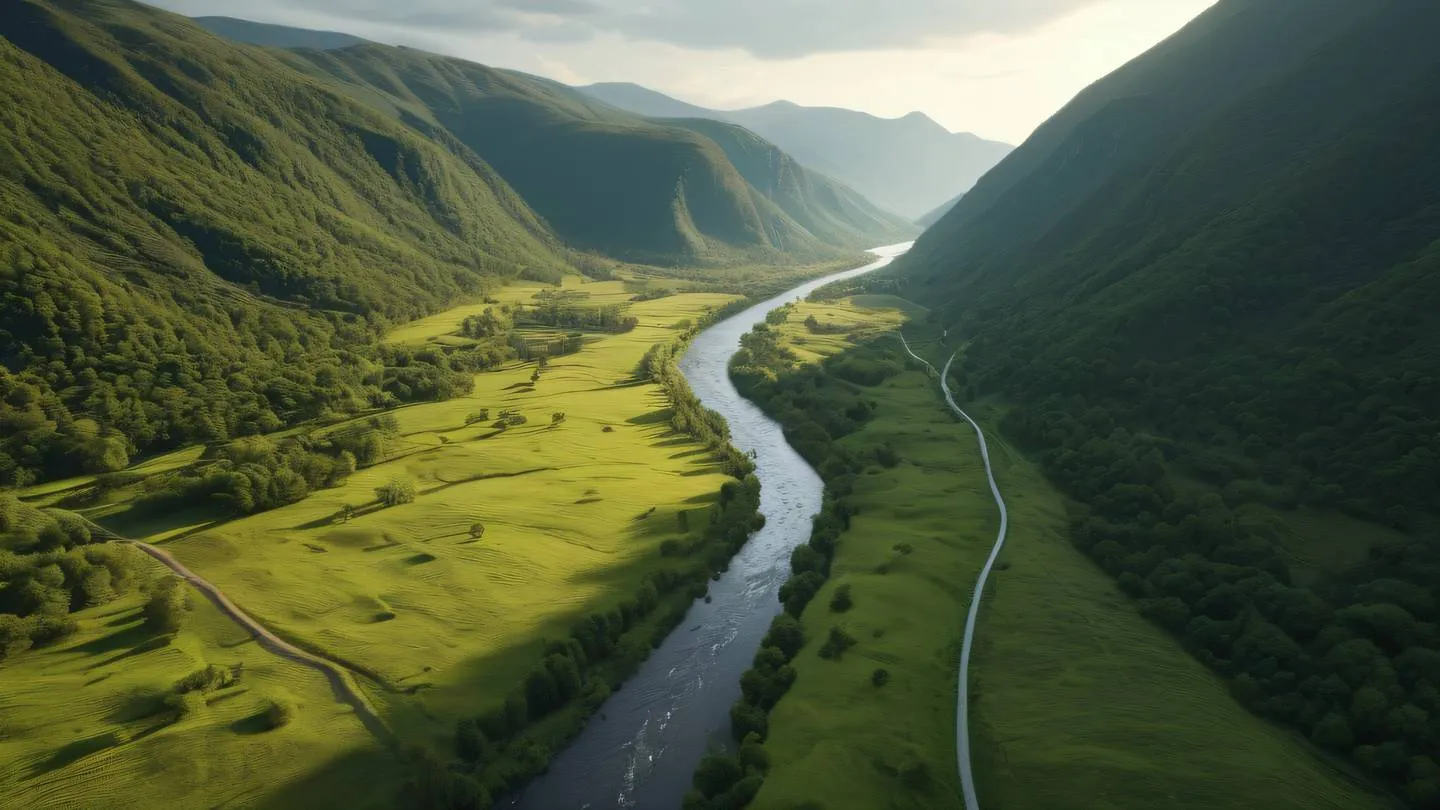 Flowing river cutting through a green mountain valley with sunlight creating natural highlights in butterscotch yellow and walnut browns captured from aerial perspective high-quality ultra-realistic cinematic 8K UHD high resolution sharp and detail