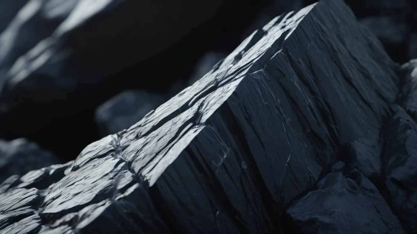 Crystalline structure of black obsidian rock formation with sharp edges and smooth surfaces illuminated by natural light shot from low angle perspective high-quality ultra-realistic cinematic 8K UHD high resolution sharp and detail