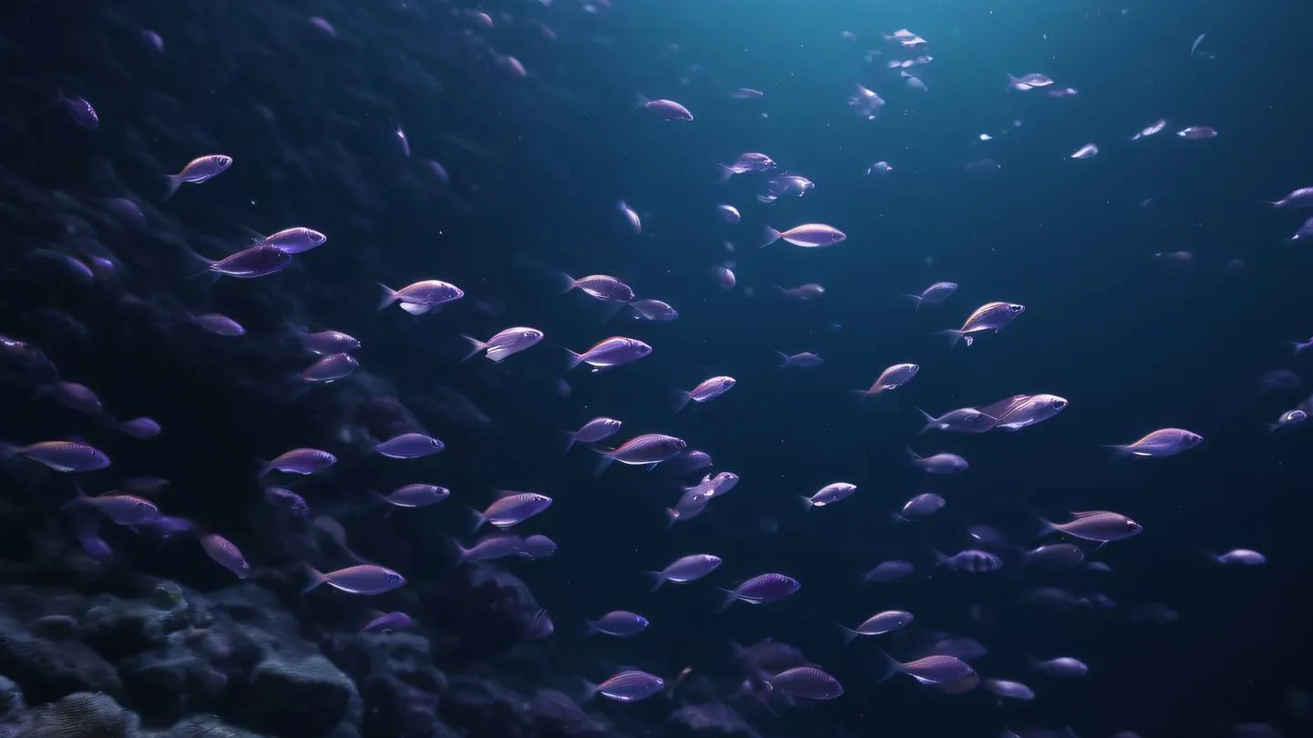 Schools of bright amethyst-colored fish swimming in formation through clear waters creating natural patterns against dark depths photographed from side perspective high-quality ultra-realistic cinematic 8K UHD high resolution sharp and detail