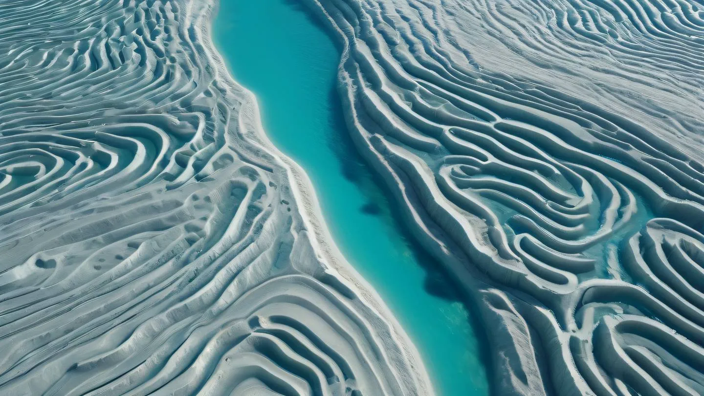 Aerial view of a maze-like pattern formed by flowing river channels through a glacial landscape captured from directly above featuring bright turquoise water contrasting with white sandy shores natural sunlight casting distinct shadows high-quality ultra-realistic cinematic 8K UHD high resolution sharp and detail