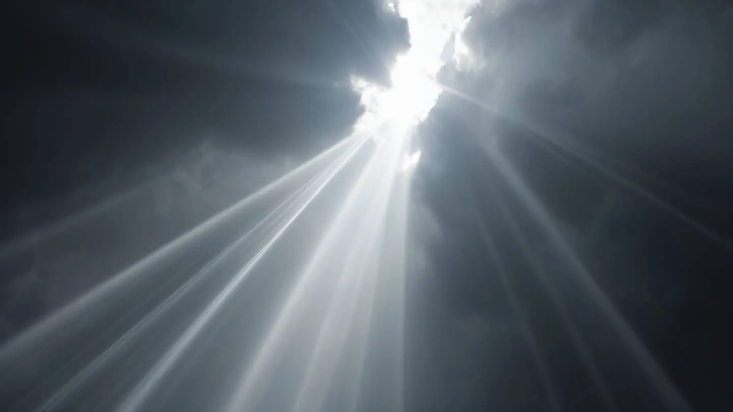 Abstract patterns of light rays piercing through clouds creating dynamic streaks of bright white and concrete gray colors against a dark background photographed from below looking upward high-quality ultra-realistic cinematic 8K UHD high resolution sharp and detail