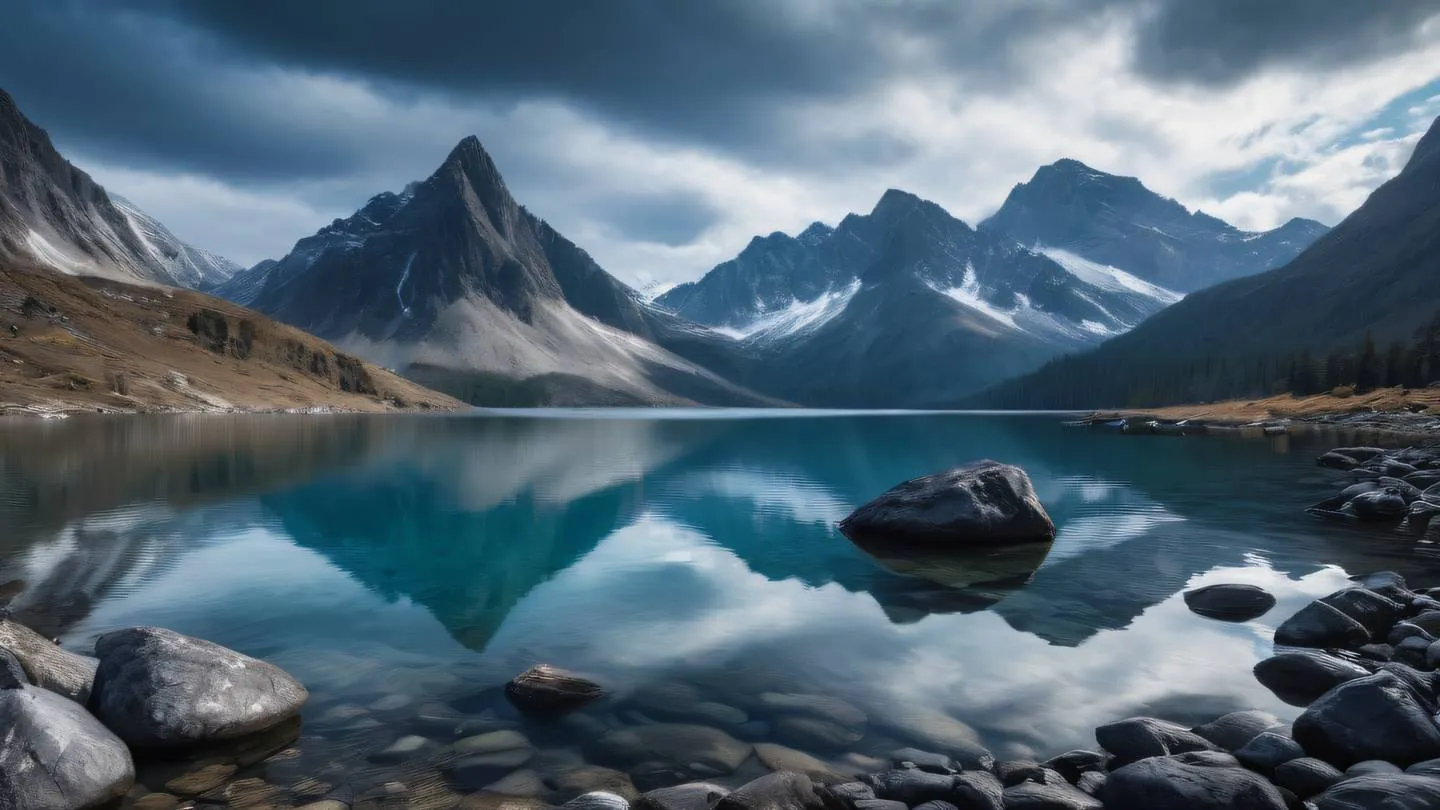 Crystal clear mountain lake reflecting surrounding peaks view from shore level featuring cool tones of blue water against black rocky shores dramatic clouds in sky high-quality ultra-realistic cinematic 8K UHD high resolution sharp and detail