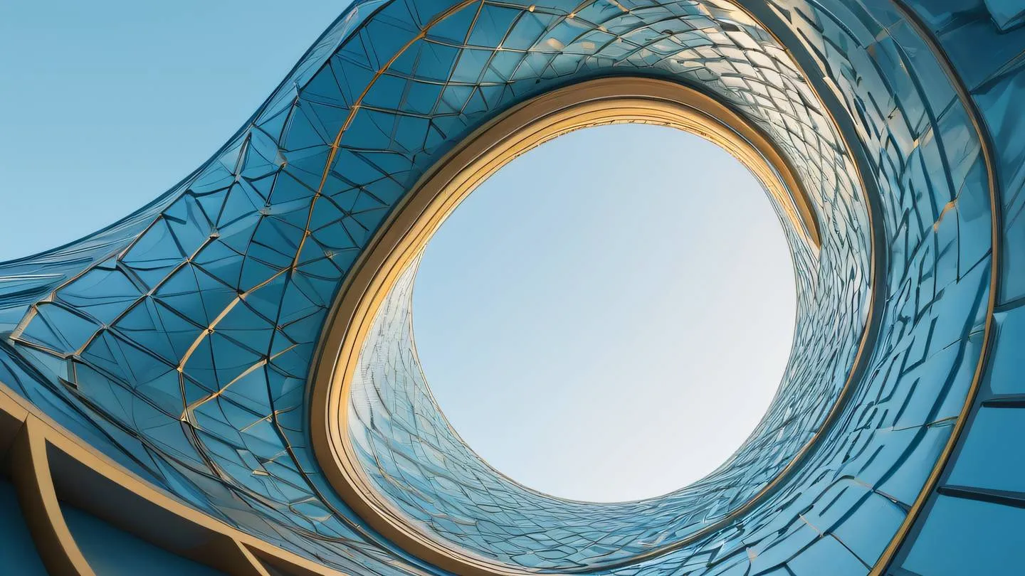 A futuristic abstract architectural structure with flowing curves and sharp angles featuring baby blue and gold geometric patterns shot from a low angle perspective looking up high-quality ultra-realistic cinematic 8K UHD high resolution sharp and detail