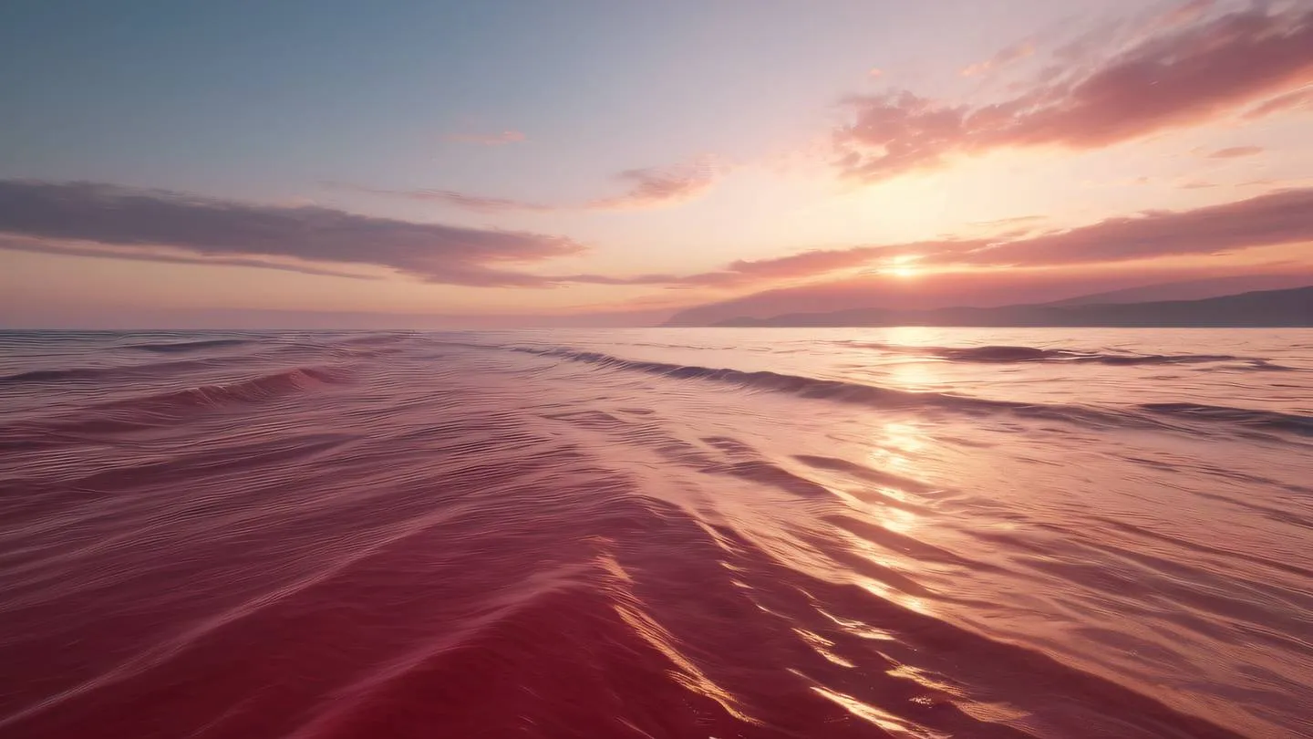 A serene abstract seascape with gentle waves in ruby red and sand colors rolling into infinity captured from a diagonal perspective high-quality ultra-realistic cinematic 8K UHD high resolution sharp and detail