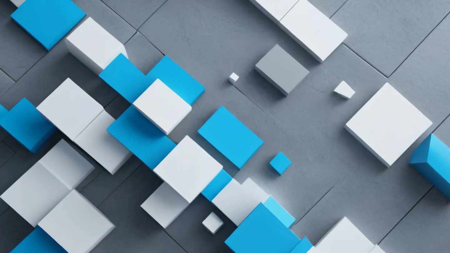 Abstract geometric shapes flowing like data streams through a minimalist composition featuring bright azure blue and crisp white elements against a stone gray backdrop shot from a top-down perspective high-quality ultra-realistic cinematic 8K UHD high resolution sharp and detail