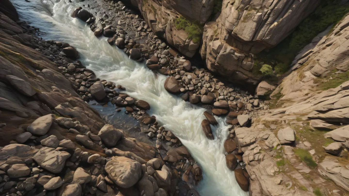 Flowing river splitting into multiple streams through a rocky landscape with warm rich brown stones and cream-colored water reflections captured from an aerial perspective high-quality ultra-realistic cinematic 8K UHD high resolution sharp and detail