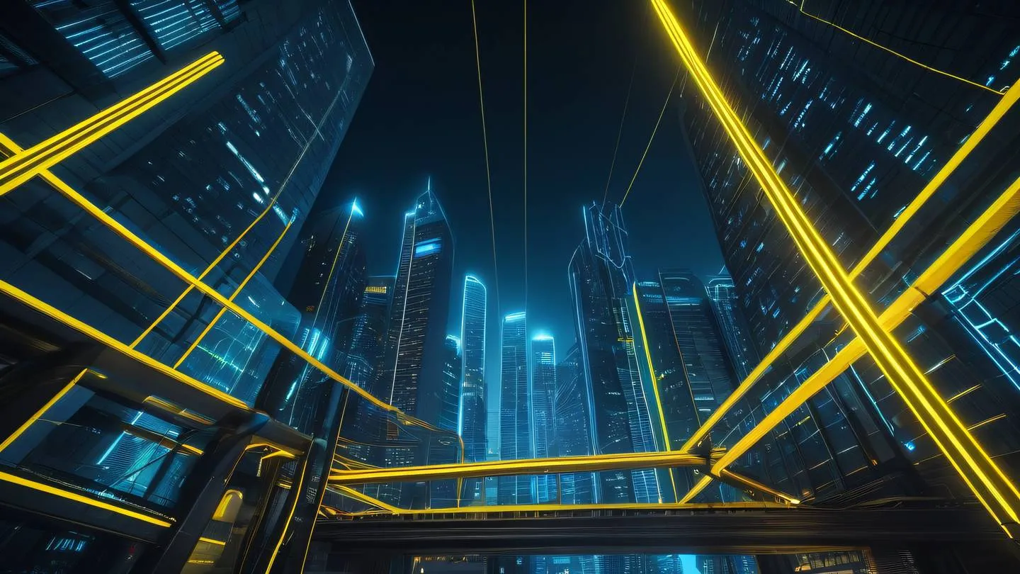 Modern cityscape with interconnected geometric patterns featuring bright neon yellows and electric blues against a deep charcoal backdrop photographed from a low angle perspective high-quality ultra-realistic cinematic 8K UHD high resolution sharp and detail