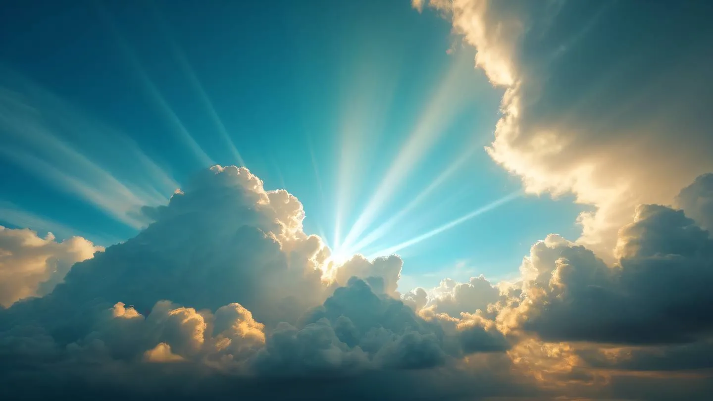 Ethereal cloud formations with streaming light rays piercing through in bright golden and cyan tones viewed from a dramatic low angle perspective high-quality ultra-realistic cinematic 8K UHD high resolution sharp and detail