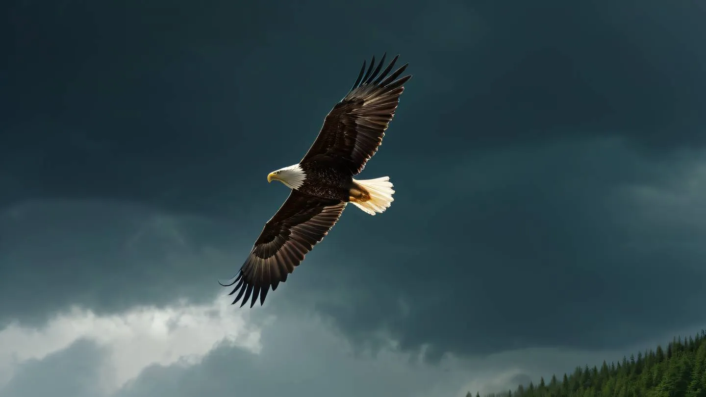 A majestic eagle soaring through storm clouds capturing the essence of handling challenges shot from below against dramatic sky featuring butterscotch yellow and forest green storm clouds high-quality ultra-realistic cinematic 8K UHD high resolution sharp and detail