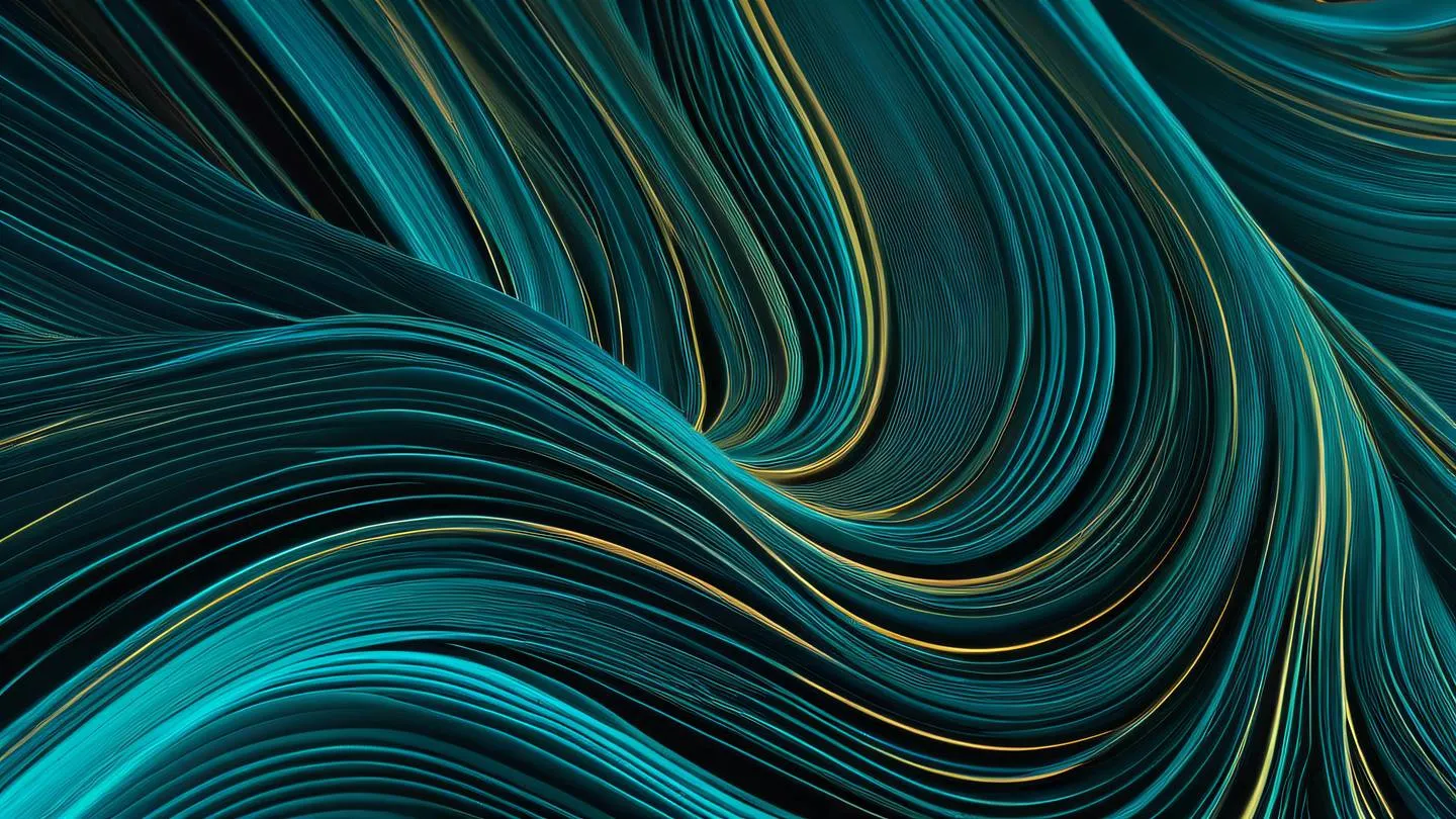 Abstract flowing lines representing data streams with turquoise blue and gold gradients interweaving in a continuous pattern captured from a top-down perspective high-quality ultra-realistic cinematic 8K UHD high resolution sharp and detail