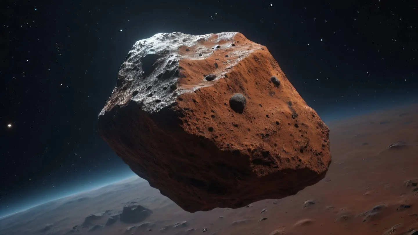 Peaceful rocky asteroid floating in space with gentle wisps of cosmic dust featuring rustic terracotta and black color scheme shot from a diagonal angle high-quality ultra-realistic cinematic 8K UHD high resolution sharp and detail