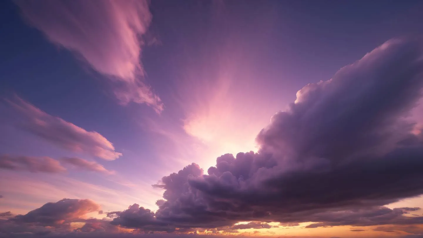 Serene cloud formations at sunset with gentle wisps featuring amethyst and plum colors blending harmoniously captured from a wide-angle perspective high-quality ultra-realistic cinematic 8K UHD high resolution sharp and detail